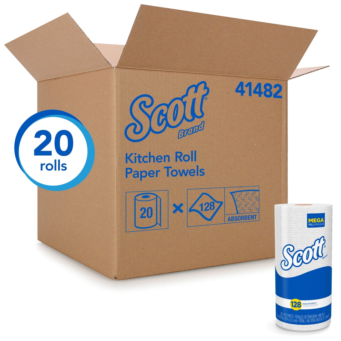 Kimberly Clark Scott Kitchen Roll Towel - White - 1ply - 11" x 8.78" - 128 sheets - 20/cs - Mfg #41482