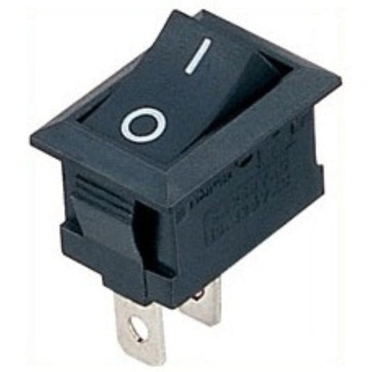 A black rock-on/off switch with a white circle and line on the top